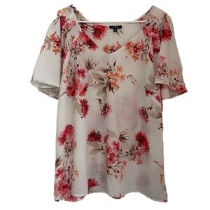A.U.W Floral Short Sleeve V-Neckline Blouse 1X Multi Color Lightweight Casual